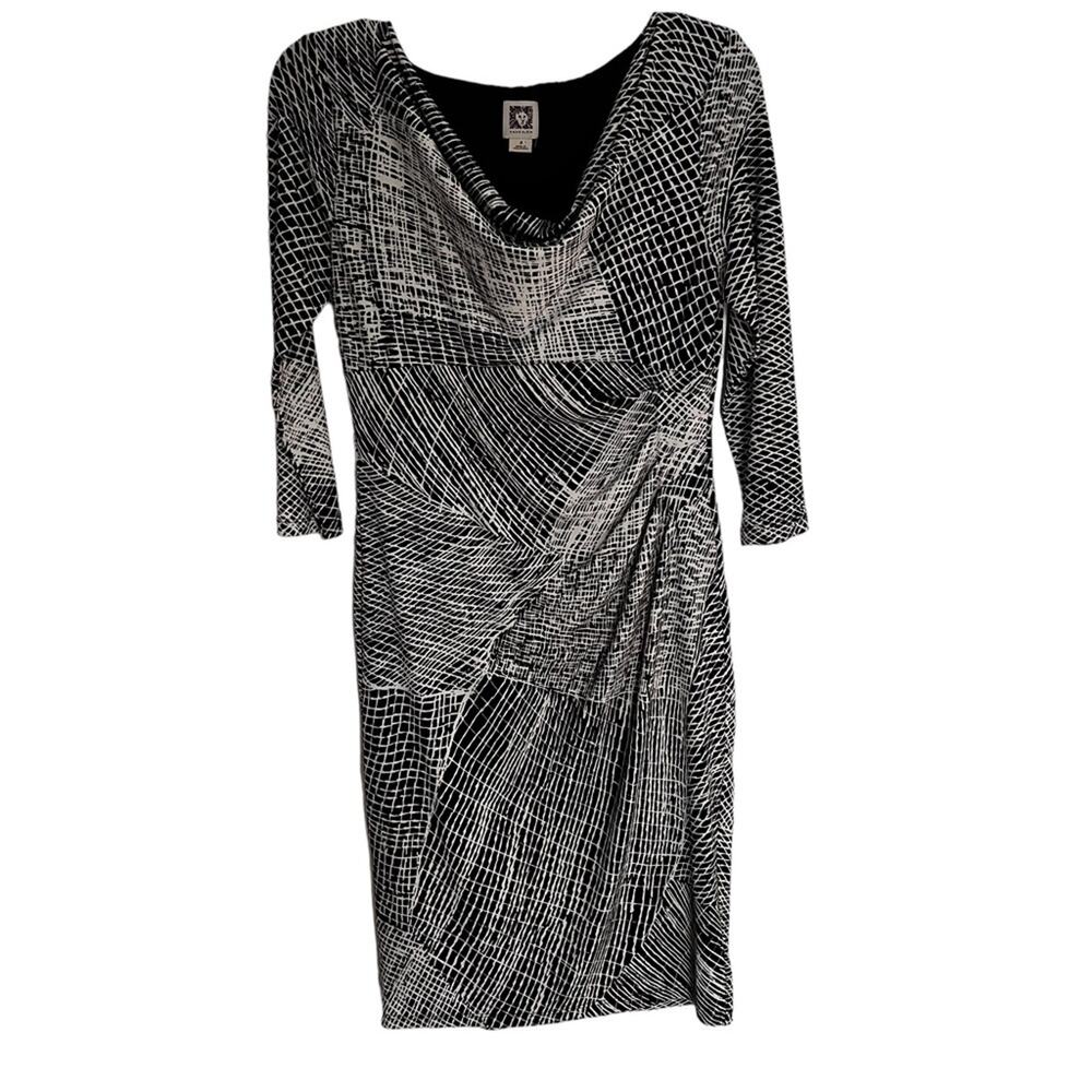 Anne Klein Womens 1/2 sleeve faux wrap dress black and white midi size 4